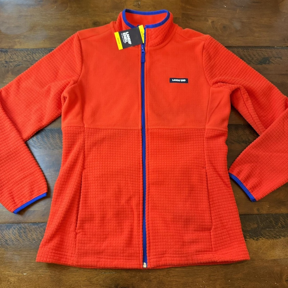Lands' End Jacket Womens Medium Orange Fleece Full Zip Grid Knit Mid Length - Picture 2 of 9